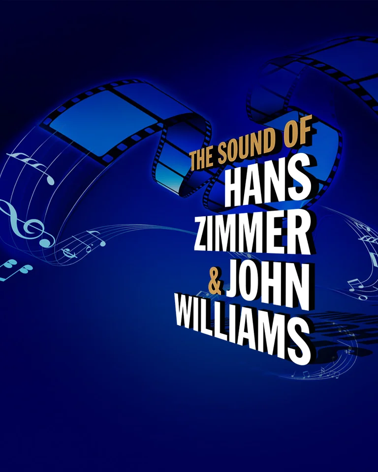 Ein blauer Hintergrund mit musikalischen Noten und Filmstreifen. Text: "The Sound of Hans Zimmer & John Williams" in großen Buchstaben.