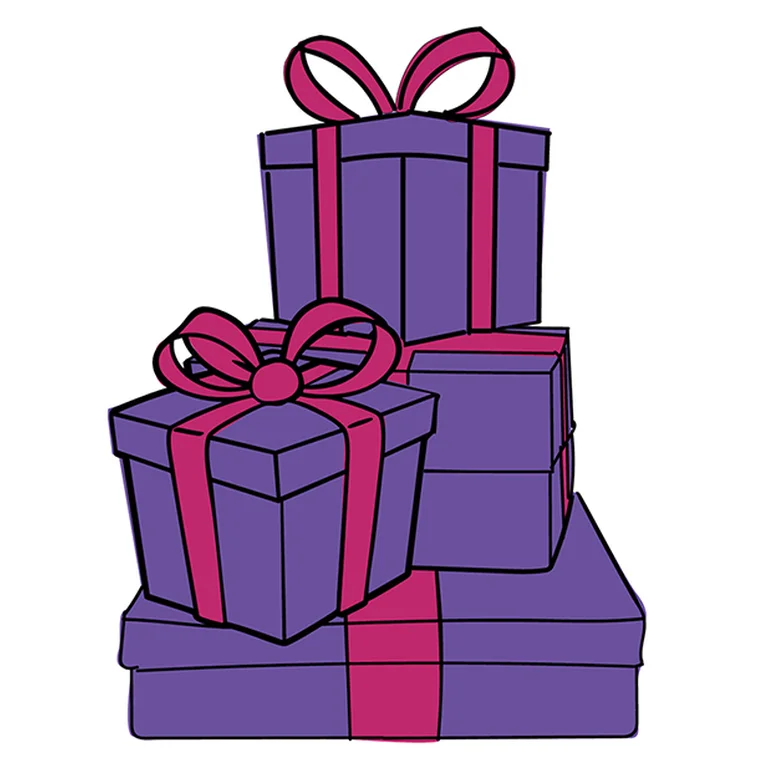 Drei lila Geschenke mit roten Schleifen gestapelt. Die Boxen sind rechteckig und quadratisch und reichen von klein bis groß.