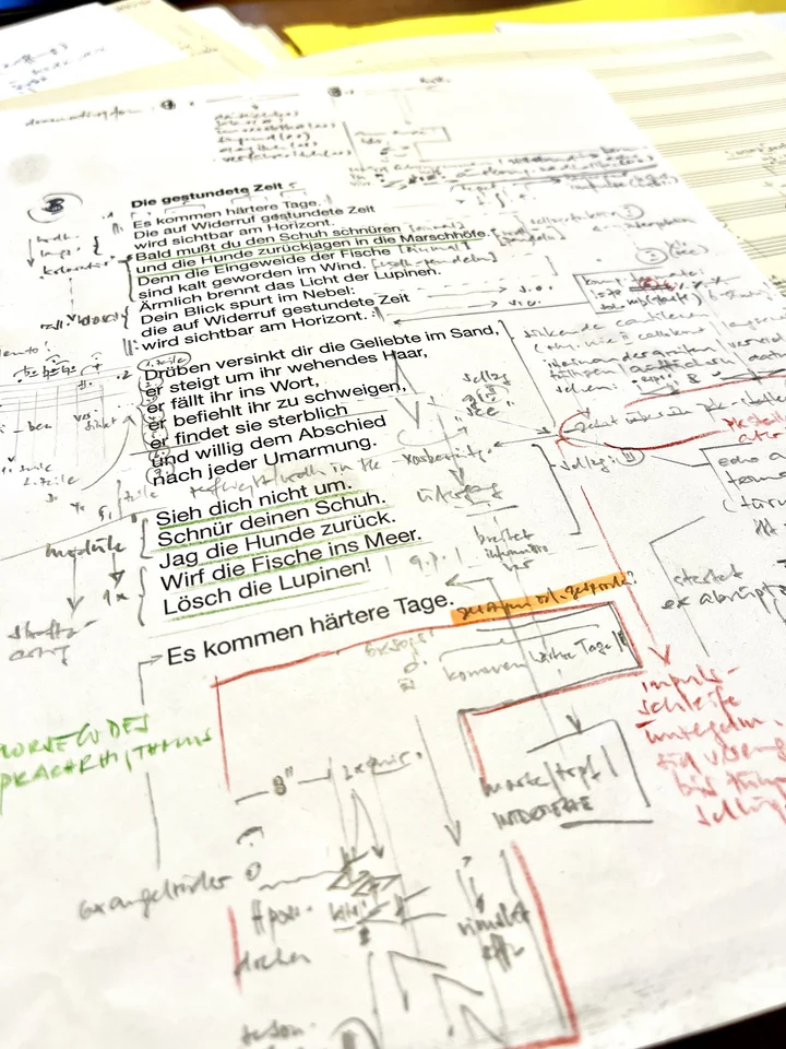 Kompositionsskizze zu »jag die hunde zurück!« von Philipp Maintz, Abbildung mit freundlicher Genehmigung des Komponisten.