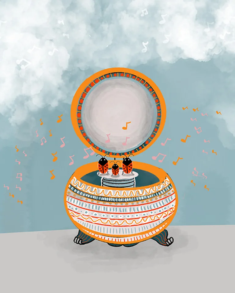 An illustration of an open jewelry box with ladybugs and musical notes in the air, against a cloudy background.