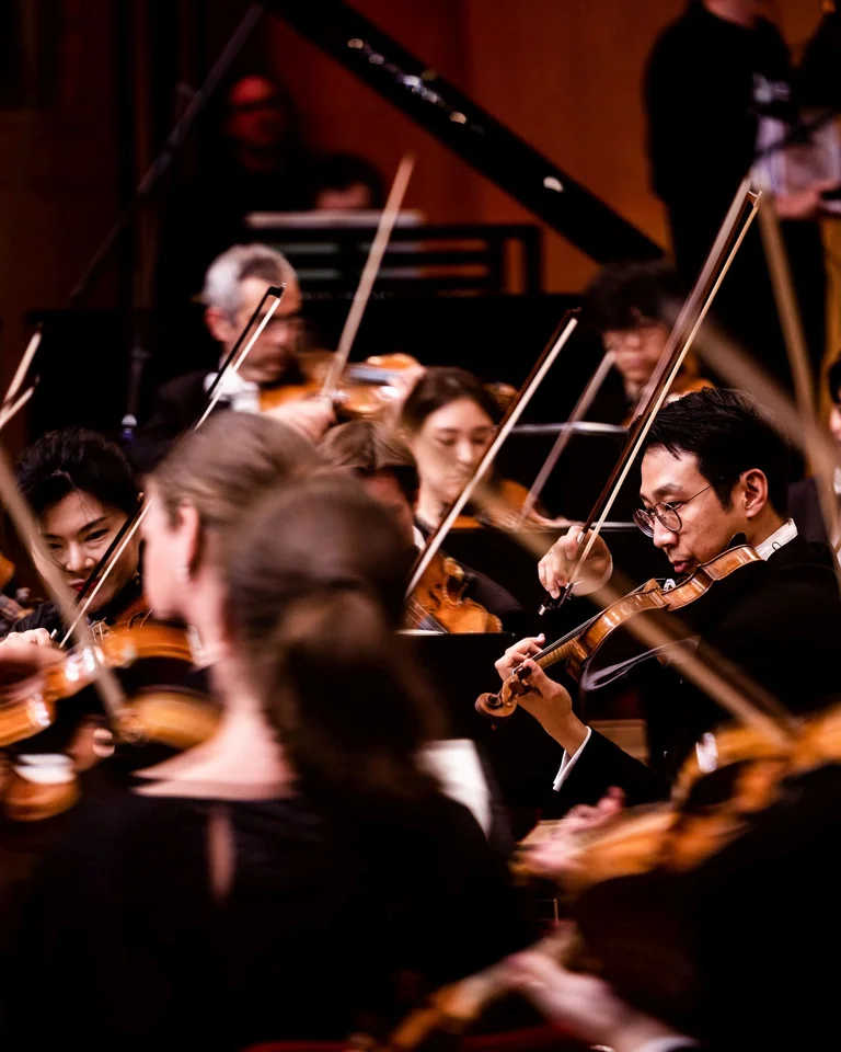Eine Gruppe von Orchestermusikern spielt Streichinstrumente. Der Raum ist stimmungsvoll beleuchtet. Konzentration und Harmonie sind sichtbar.