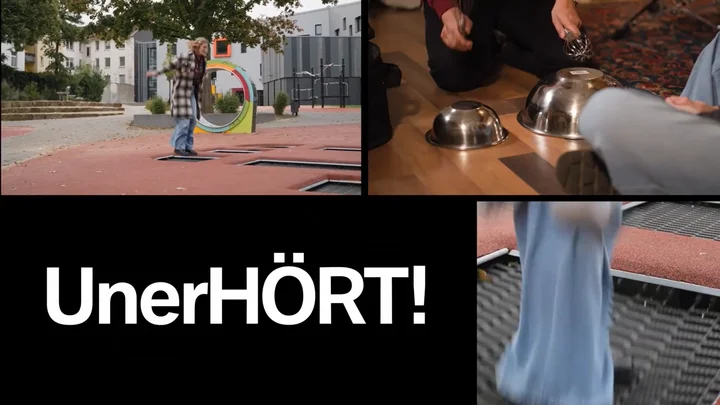 Collage aus drei Bildern: Ein Kind spielt im Freien, zwei Personen spielen Schlaginstrumente. Text: »UnerHÖRT!«.