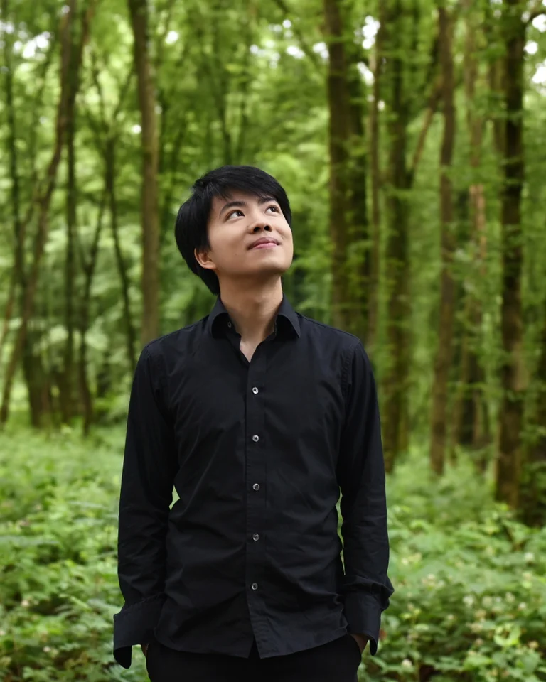 Ein Mann in einem schwarzen Hemd steht in einem grünen, dicht bewachsenen Wald und blickt nachdenklich in den Himmel.