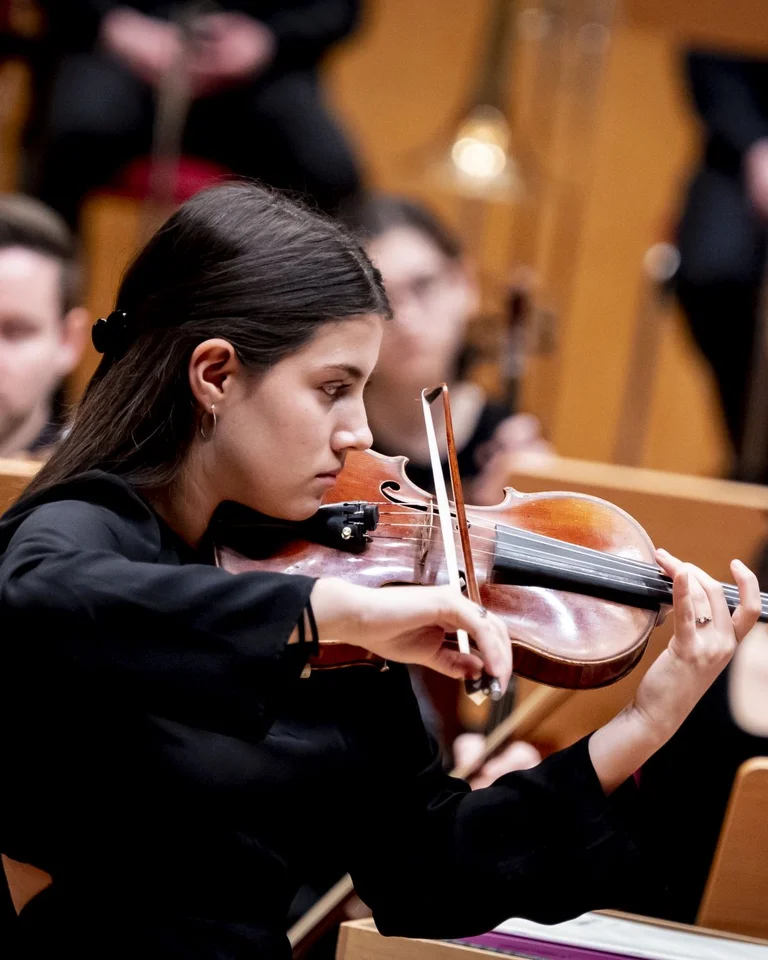 Eine Violinistin in schwarzer Kleidung spielt konzentriert in einem Orchester. Umgeben von anderen Musikern in einem Konzertsaal.