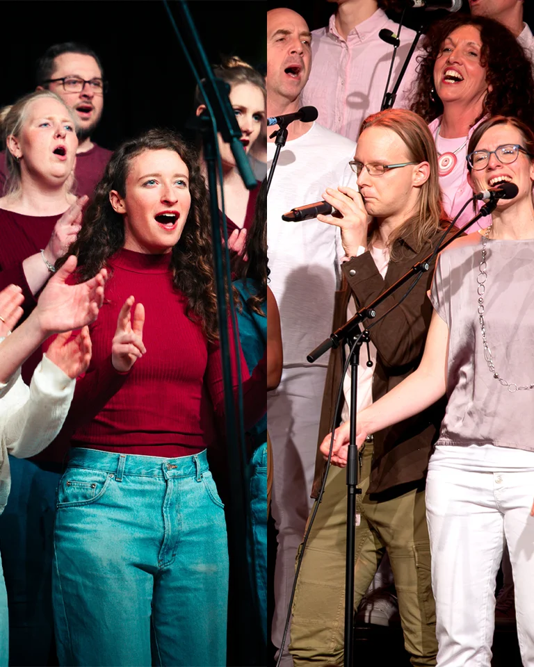 Eine Gruppe von Menschen (BonnerJazzchor) singt gemeinsam auf einer Bühne. Sie tragen bunte Kleidung und wirken freudig und leidenschaftlich.
