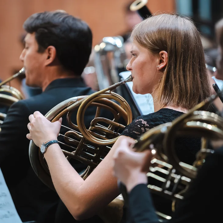 Musiker (Mahler Academy Orchestra) spielen Waldhörner in einem Orchester. Sie konzentrieren sich auf ihre Noten, während sie gemeinsam eine harmonische Melodie schaffen.