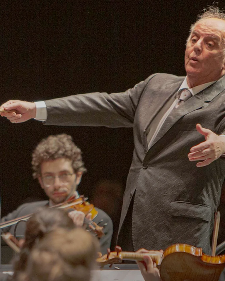 A conductor in a suit leads an orchestra during a performance. Musicians play violins on stage.