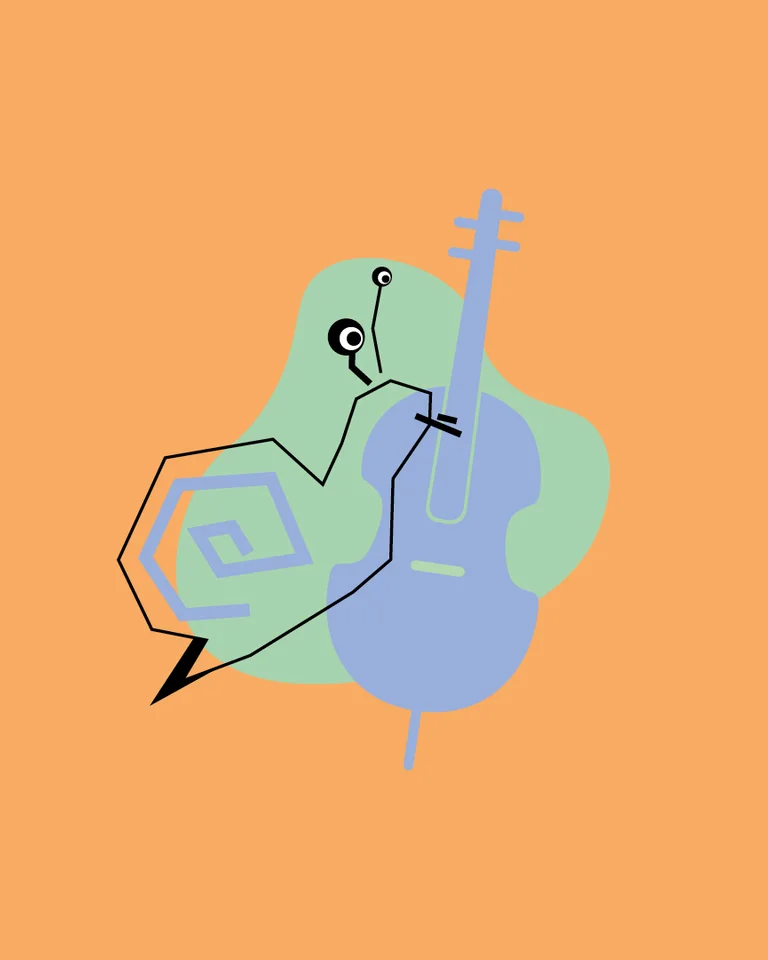 Grafik einer stilisierten Schnecke, die ein großes Saiteninstrument, vielleicht ein Cello, auf orangefarbenem Hintergrund umarmt.