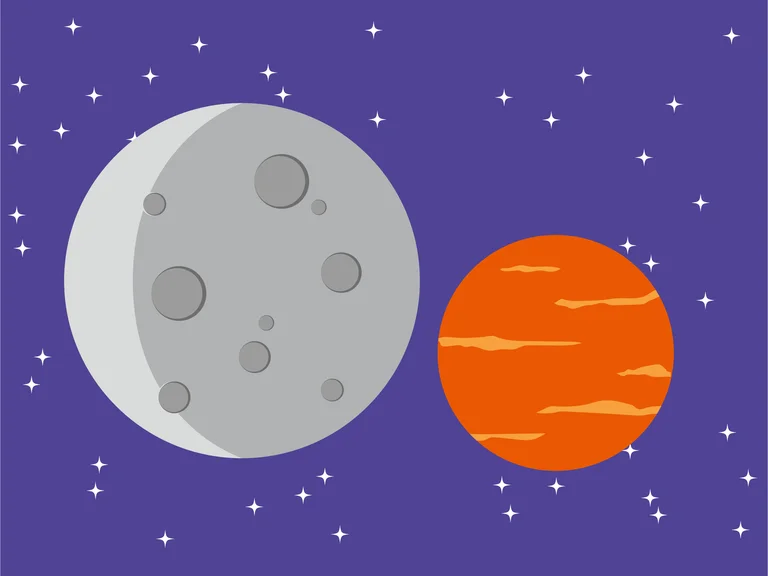 Illustration of two planets in space: one gray with craters, and one orange. Surrounded by stars against a purple background.