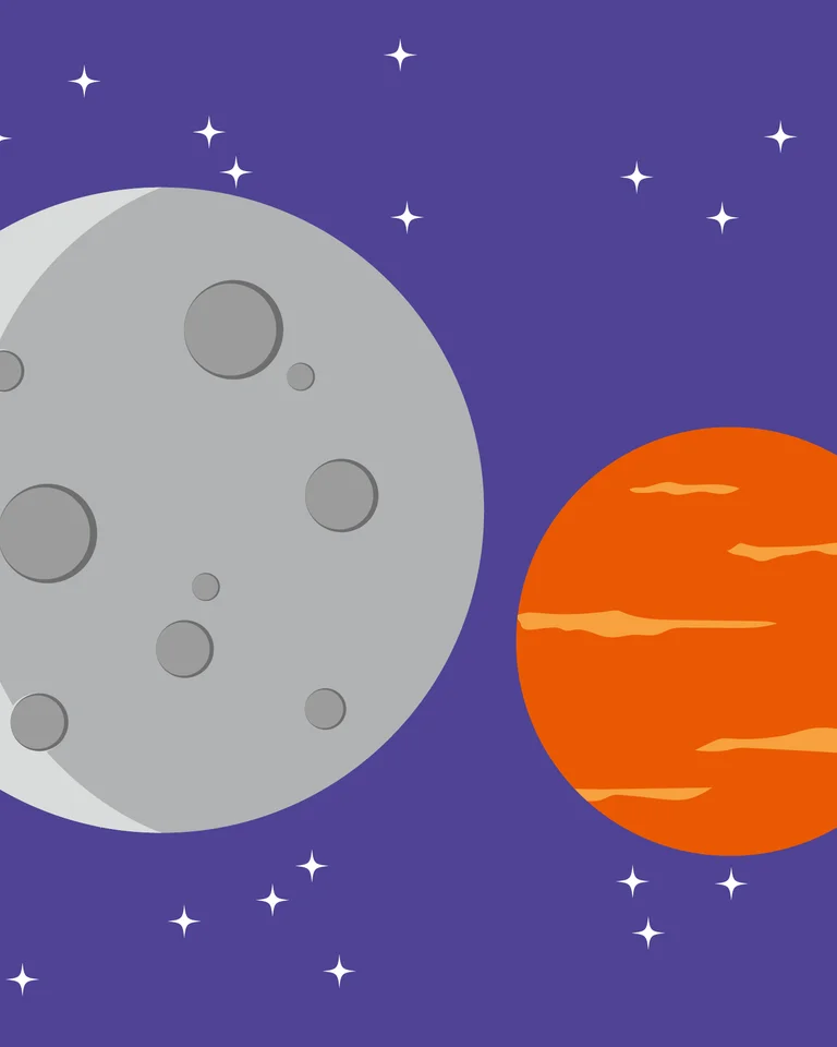 Illustration von zwei Planeten im Weltraum: ein grauer mit Kratern und ein orangefarbener. Umgeben von Sternen auf violettem Hintergrund.