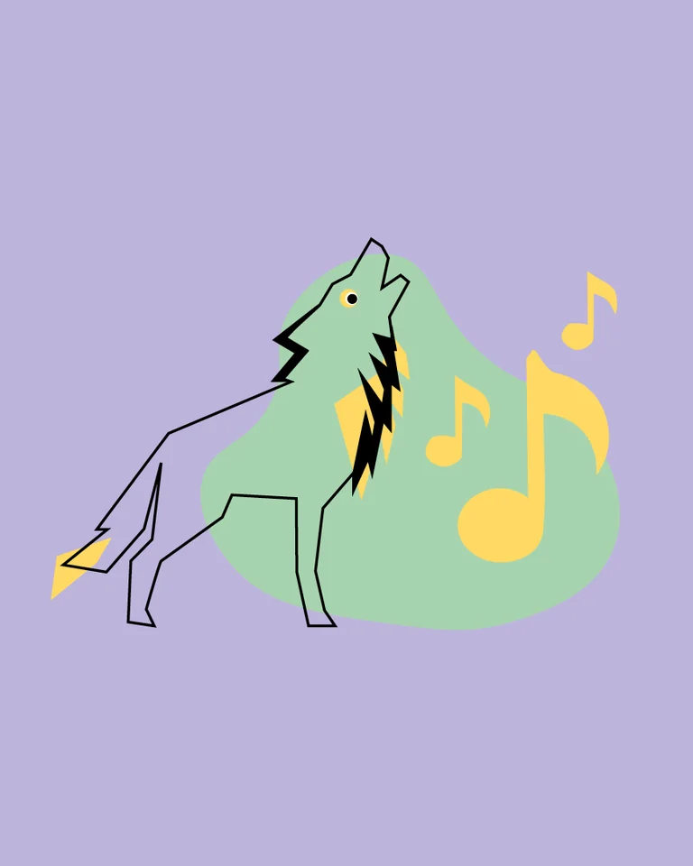 A stylized drawing of a howling wolf in purple with musical notes in the background on a light purple background.