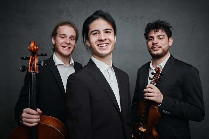 The three musicians of Trio Concept are wearing elegant suits; one has a cello, another a violin. They are smiling and posing against a gray background.