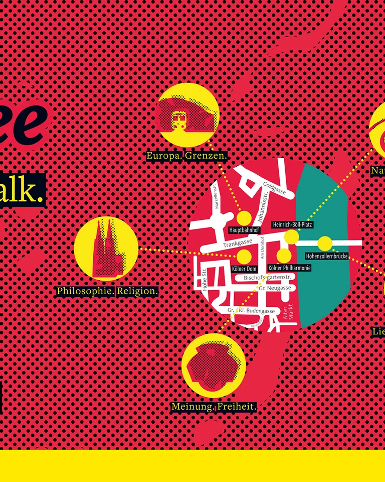 Promotional graphic for an audio walk, featuring a stylized map with yellow and red icons, including "b:free," "Endlich Antworten."