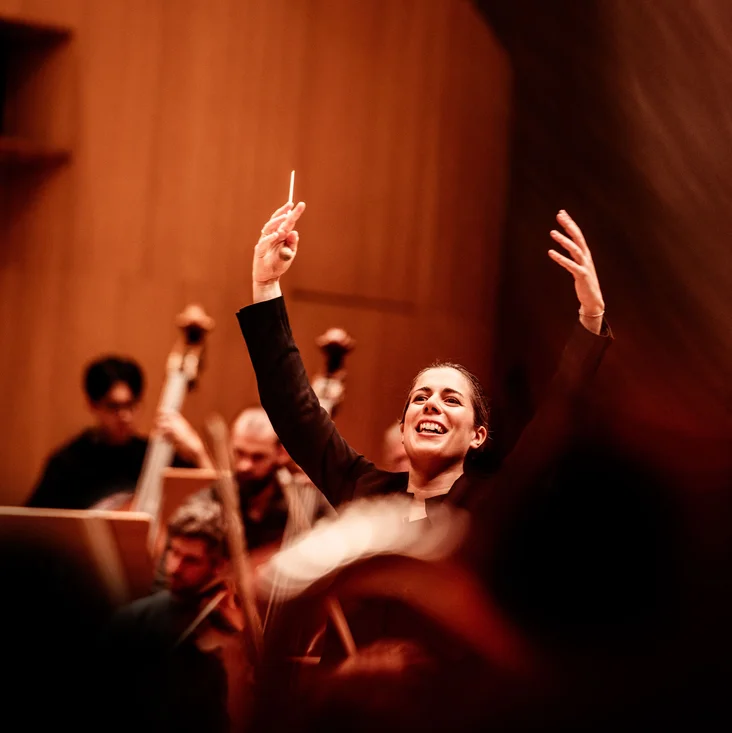 Conductor with raised hands leads an orchestra. The concert hall is warmly lit, musicians play various string instruments.