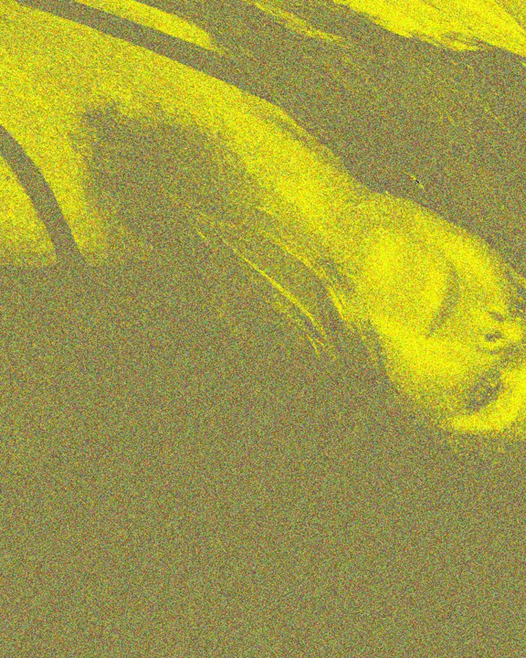 An image with yellow-green tones showing two faces gazing upwards. The faces appear partially blurred.