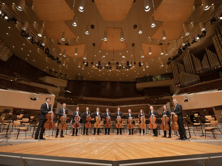 Die 12 Cellisten der Berliner Philharmoniker stehen auf einer Bühne in einem Konzertsaal. Der Saal ist mit Holztäfelungen ausgekleidet.