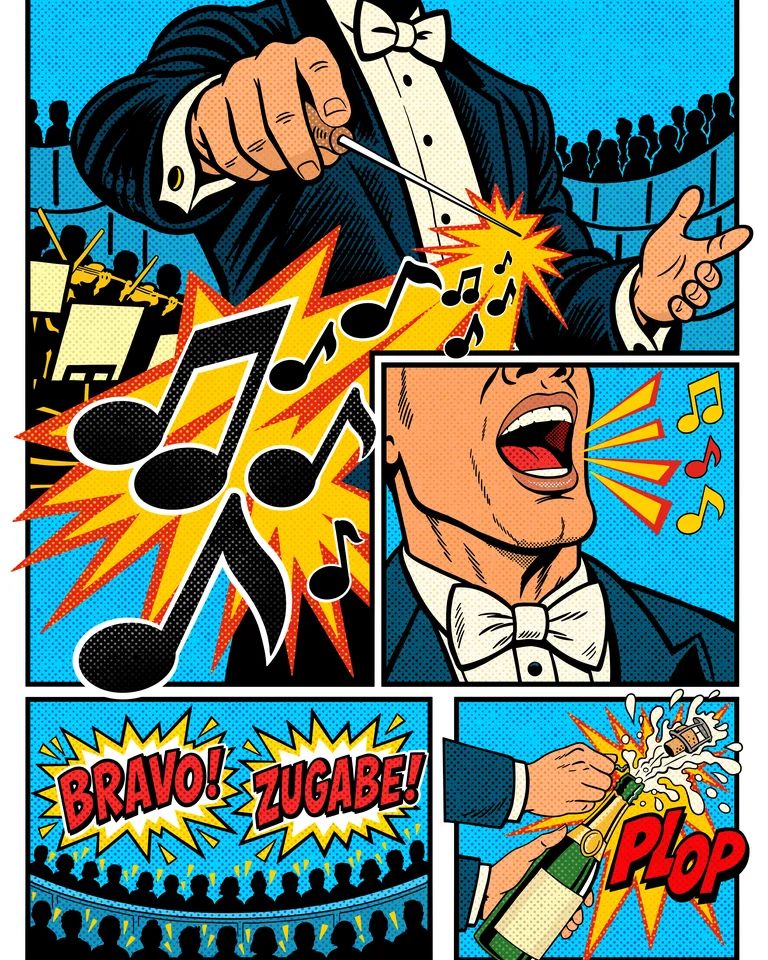 Pop art style illustration of a conductor, musical notes, and cheering audience. Words "Bravo!", "Zugabe!", and cork popping are shown.