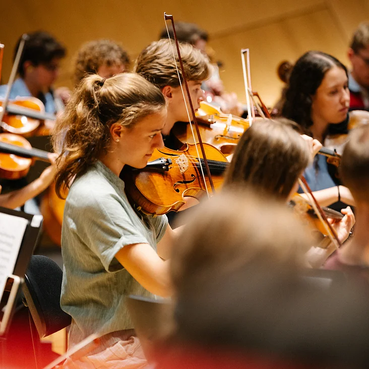 Ein Orchester (Bundesjugendorchester) spielt klassische Musik. Mehrere junge Musiker konzentrieren sich auf ihre Instrumente, vor allem Geigen, während eines Auftritts.
