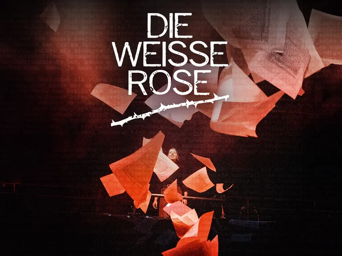 Das Bild zeigt den Titel »Die Weisse Rose« mit fallenden weißen und roten Papierblättern auf dunklem Hintergrund.