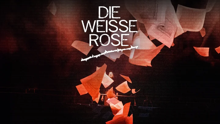 The image features the title »Die Weisse Rose« with falling white and red paper sheets on a dark background.