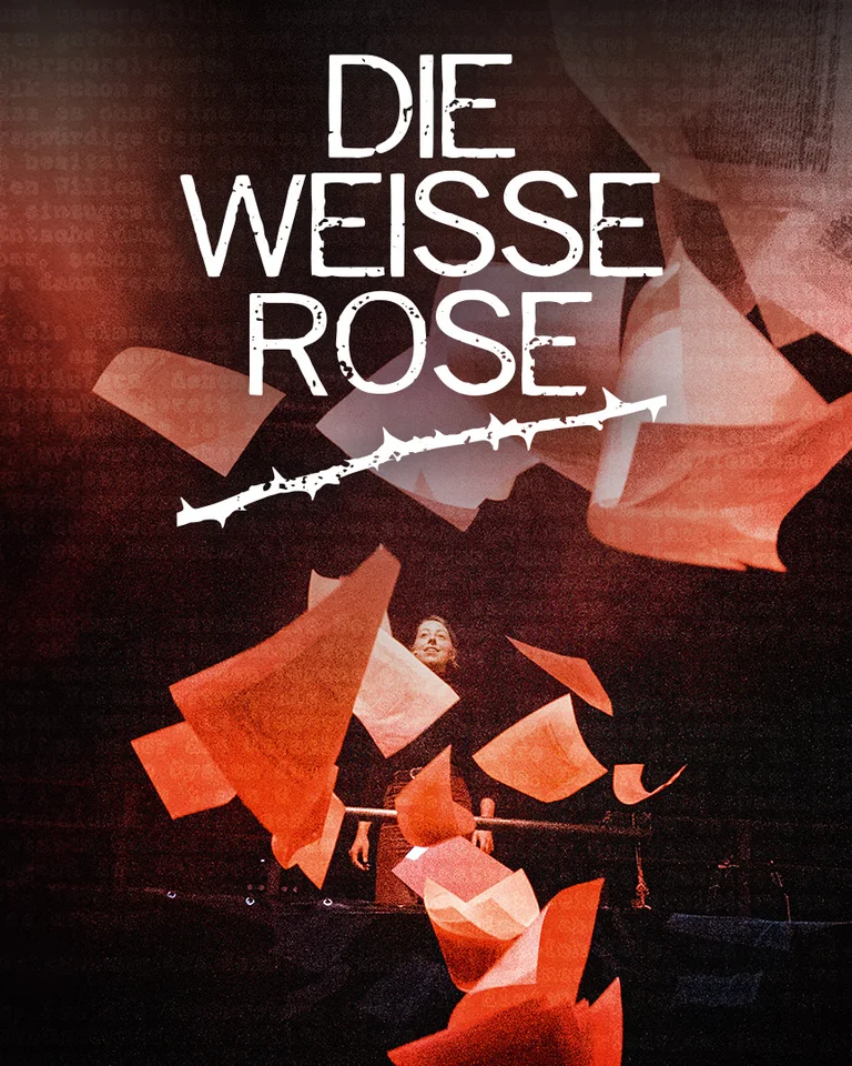 The image features the title »Die Weisse Rose« with falling white and red paper sheets on a dark background.