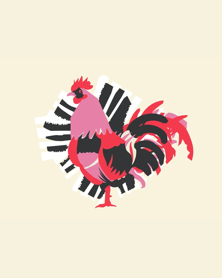 Illustration of a rooster in pink, black, and red colors, with bold tail and wings on a beige background.