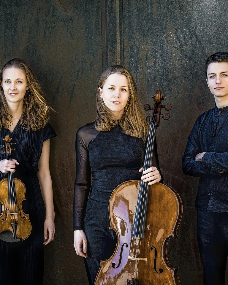 Drei Musiker (Amelio Trio) in schwarzer Kleidung: eine Geigerin, eine Cellistin und ein Musiker (Pianist), der mit gekreuzten Armen dasteht.