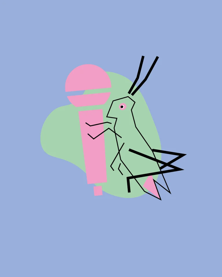 Abstrakte Illustration eines stilisierten Insekts vor einem Mikrofon. Weiche Farben auf blauem Hintergrund symbolisieren Kreativität und Kunst.