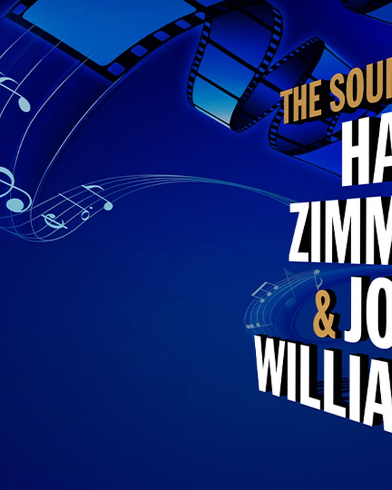 Der Titel "The Sound of Hans Zimmer & John Williams" steht in goldener und weißer Schrift vor einem musikalischen Hintergrund.