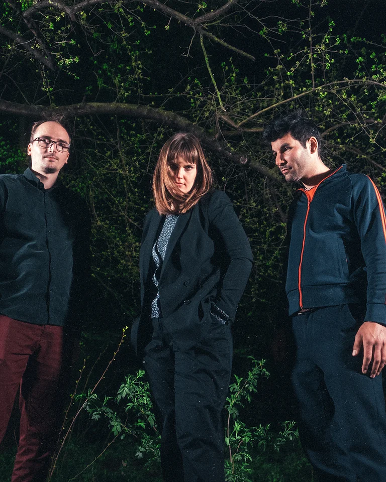 Three people in dark clothing stand outdoors at night, surrounded by trees. The background features leaves and a night sky.