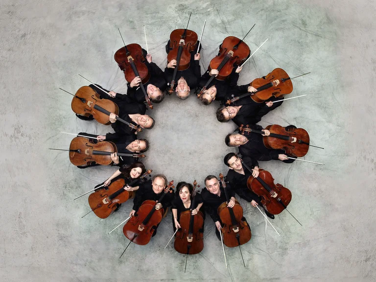 Luftaufnahme eines Ensembles von Cellisten (Die 12 Cellisten der Berliner Philharmoniker), die im Kreis sitzen, ihre Instrumente harmonisch arrangiert. Ein Gefühl von Einheit und Harmonie.