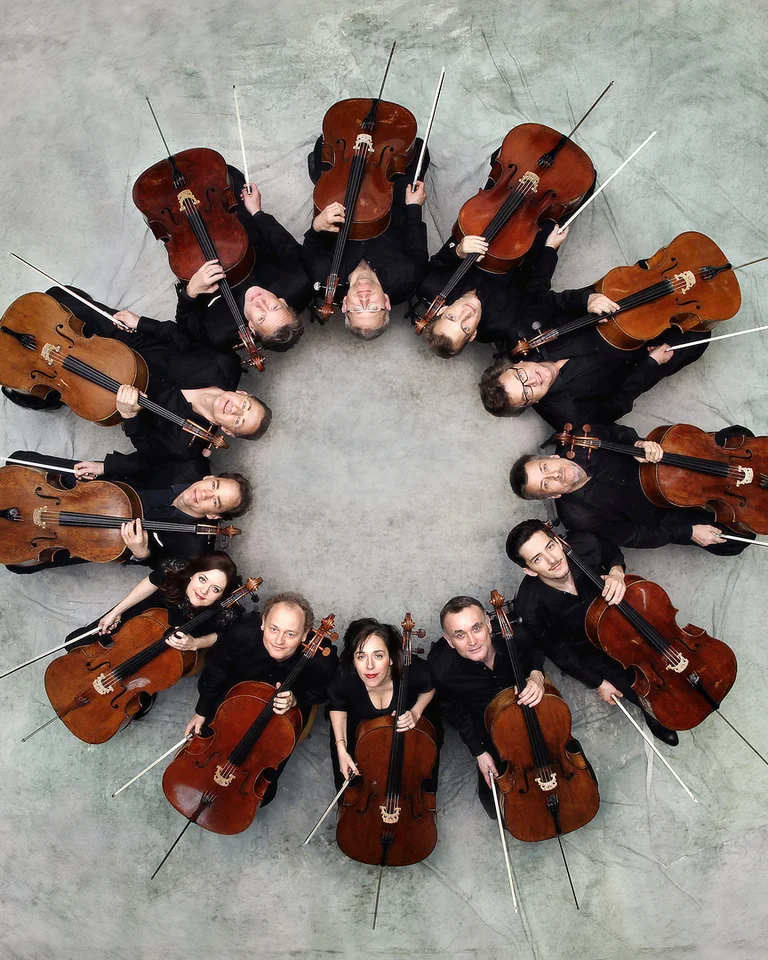 Luftaufnahme eines Ensembles von Cellisten (Die 12 Cellisten der Berliner Philharmoniker), die im Kreis sitzen, ihre Instrumente harmonisch arrangiert. Ein Gefühl von Einheit und Harmonie.