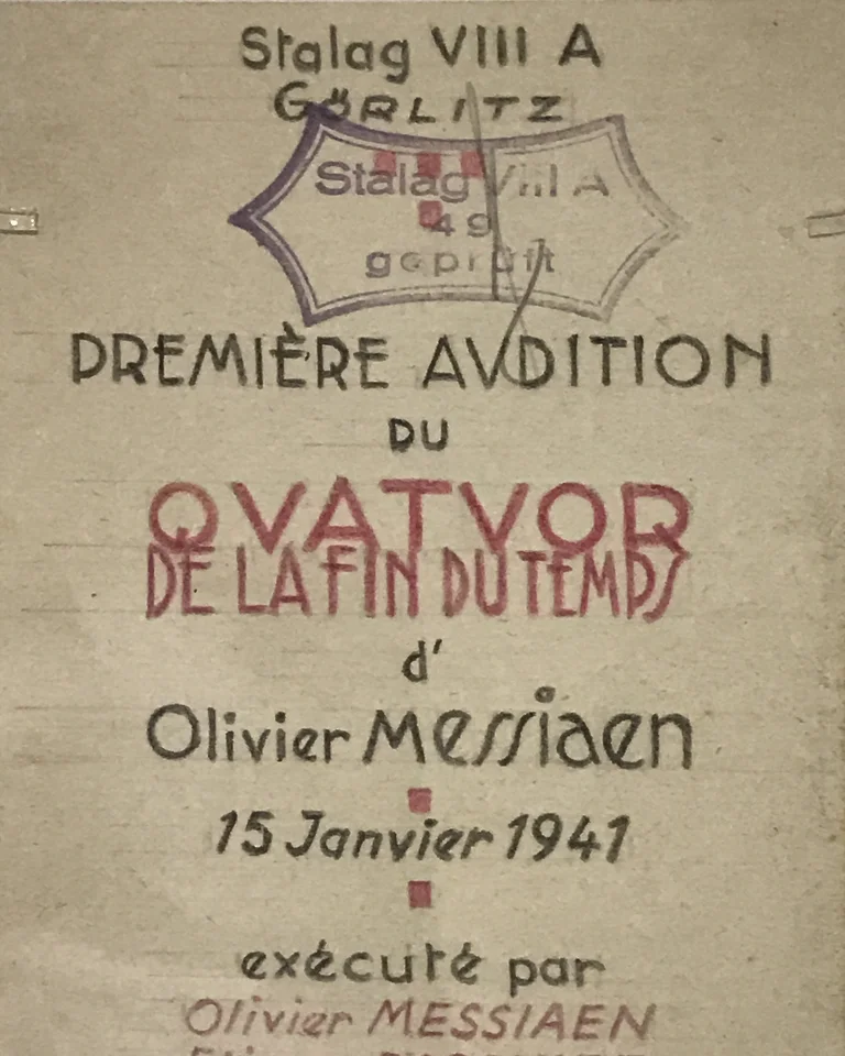 Altes Plakat zur Premiere von Olivier Messiaens »Quatuor pour la fin du temps« am 15. Januar 1941 in Stalag VIII A.