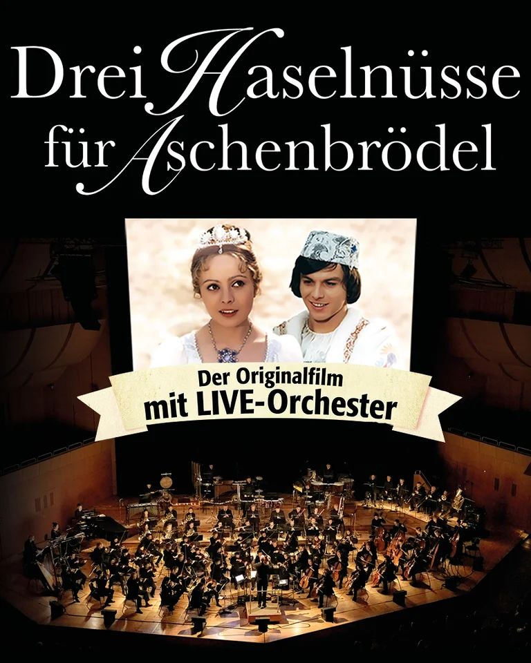 Visual für »Drei Haselnüsse für Aschenbrödel« mit Bildern von Schauspielern und einem Live-Orchester im Hintergrund.