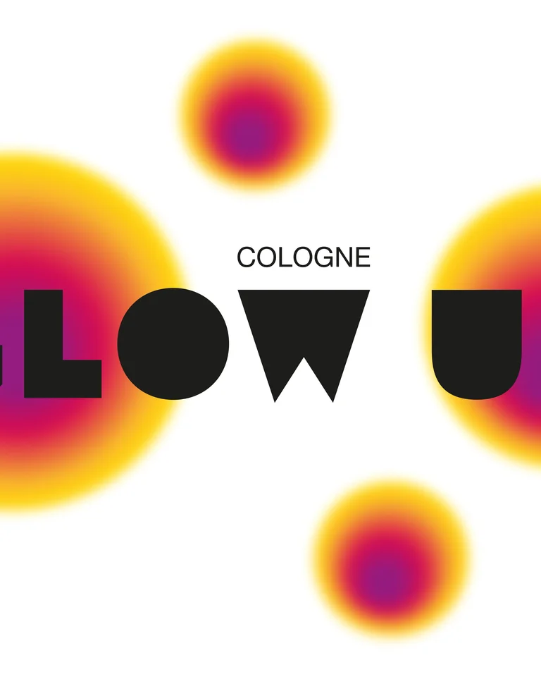 Logo for "Glow Up Cologne" featuring glowing circles in yellow to purple gradients surrounding the black text of the event name.